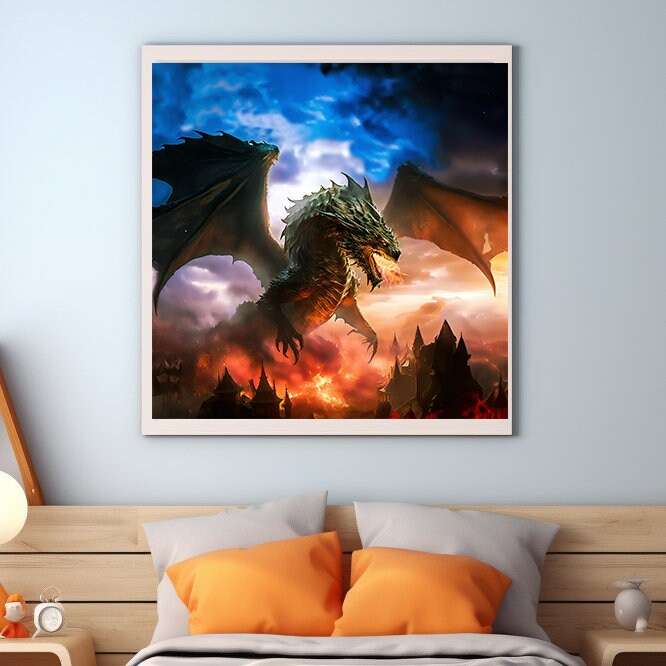 Epic Dragon Flight & Fire Portrait Wall Art Print
