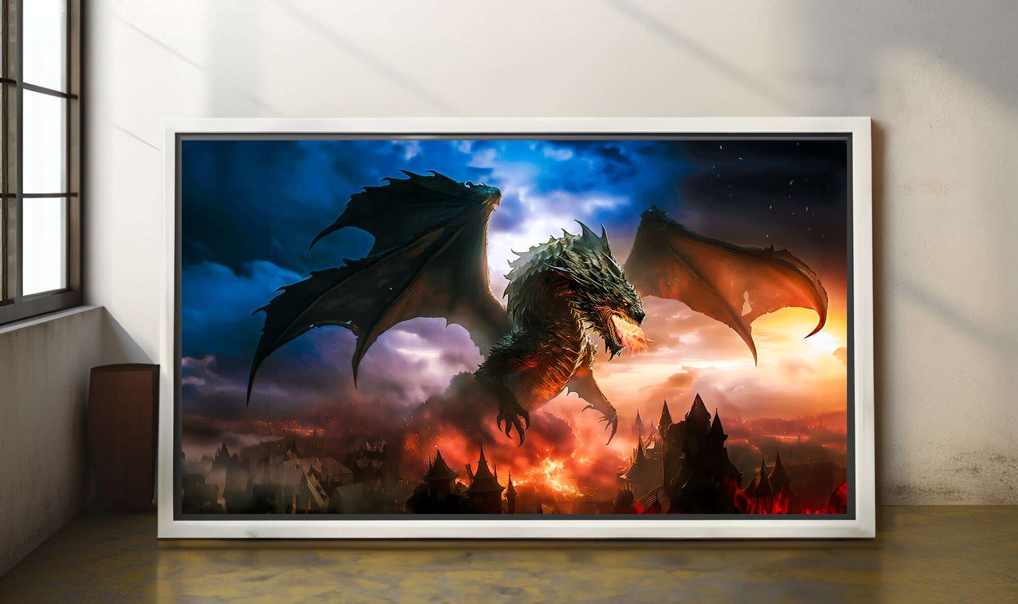 Epic Dragon Flight & Fire Portrait Wall Art Print